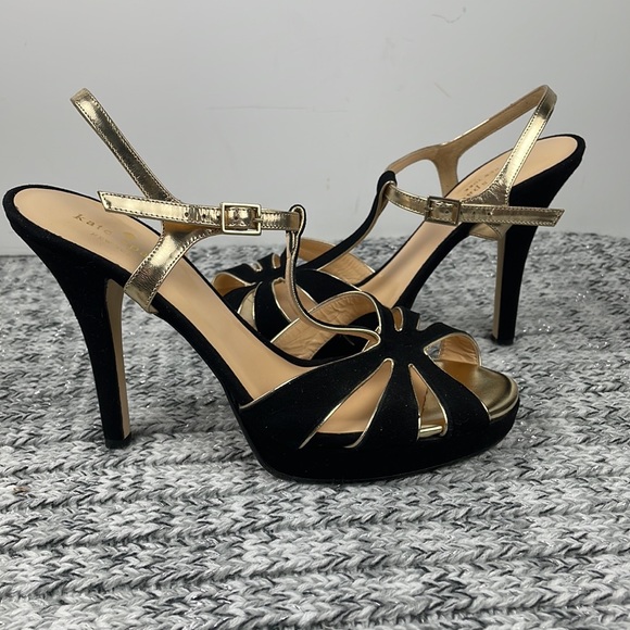 KATE SPADE ♠️ Black Gold Rosie Sandals Heels 8 - Picture 4 of 16
